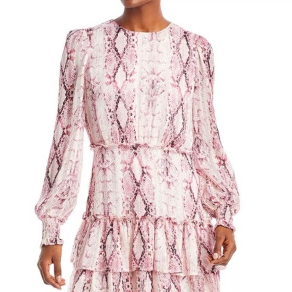 Aqua Metallic Pink Snake Print Tiered Mini Dress Long Sleeve Size M